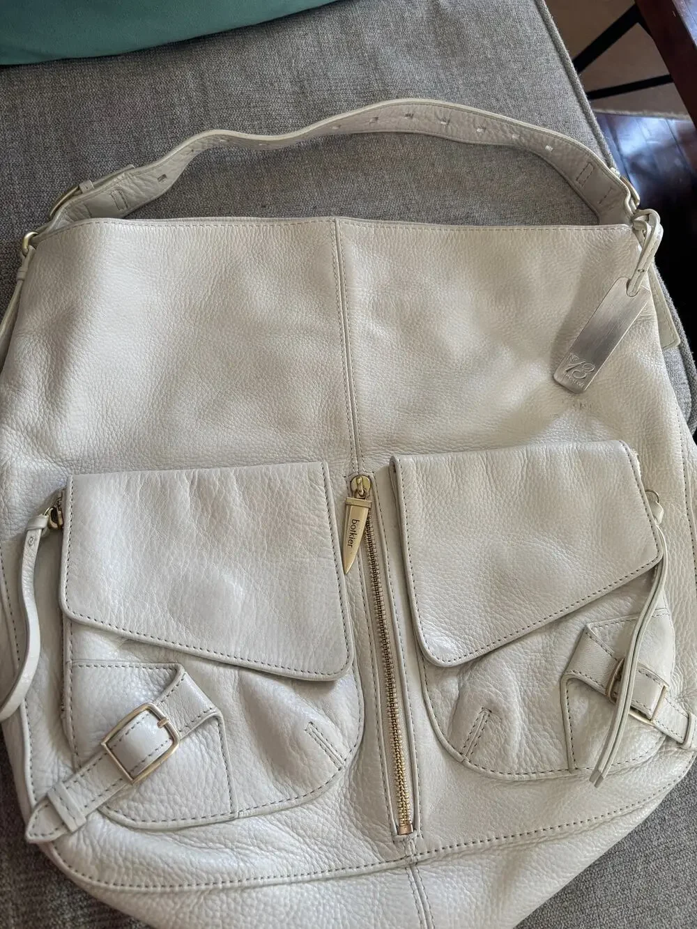 Botkier Cream Pebbled Leather Large Hobo Shoulder Bag Gold Hardware Spike Zip